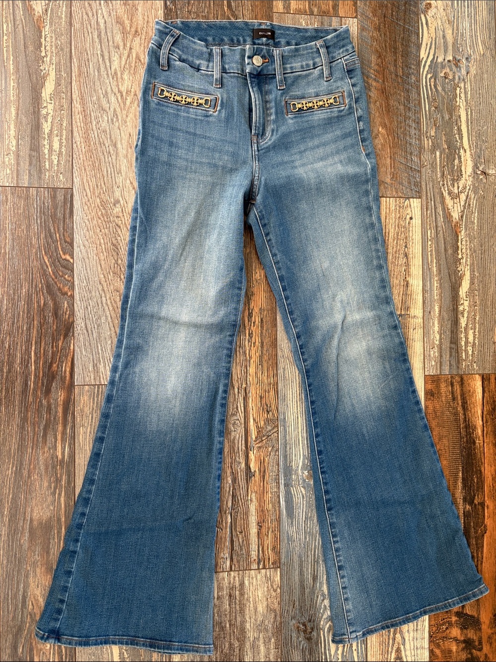 Express Blue Flare Jeans with Gold Chain Pocket Trim